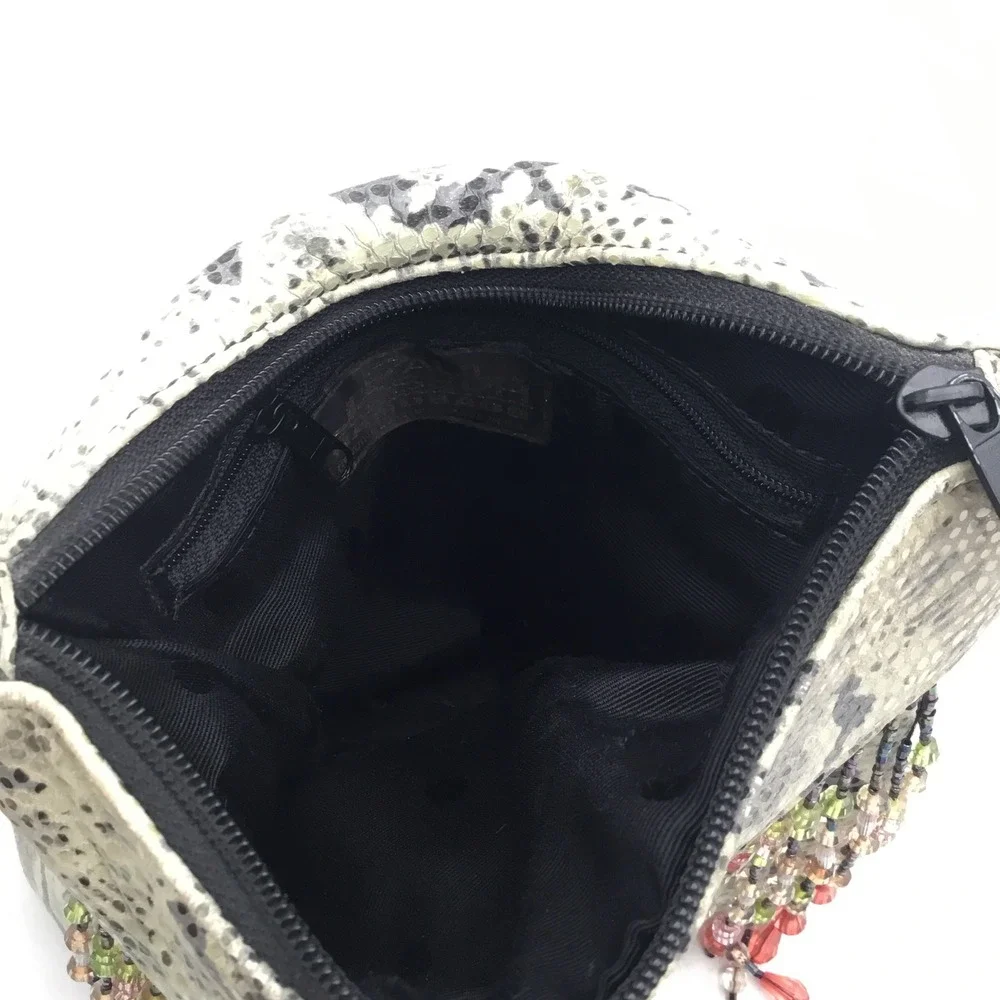 Paul Joseph Handbags Snakeskin Print Leather Beaded Fringe Crossbody‎ Bag Grey